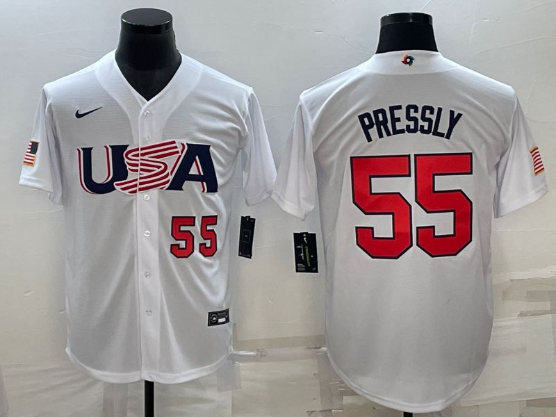Men 2023 World Cub USA #55 Pressly White Nike MLB Jersey4->more jerseys->MLB Jersey